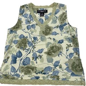 Vintage floral sleeveless lace trim v-line blouse 
୧ ⋅♡🌷🕊️ ୧ ‧₊˚ ☁️⋅♡🌷 (184)